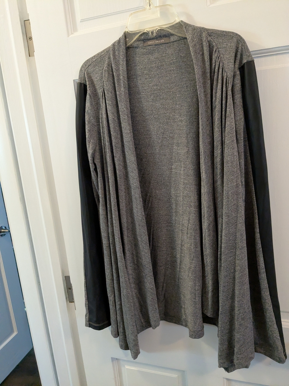 Suzy Shier Gray Draped Open-Front Cardigan with Black Sleeves